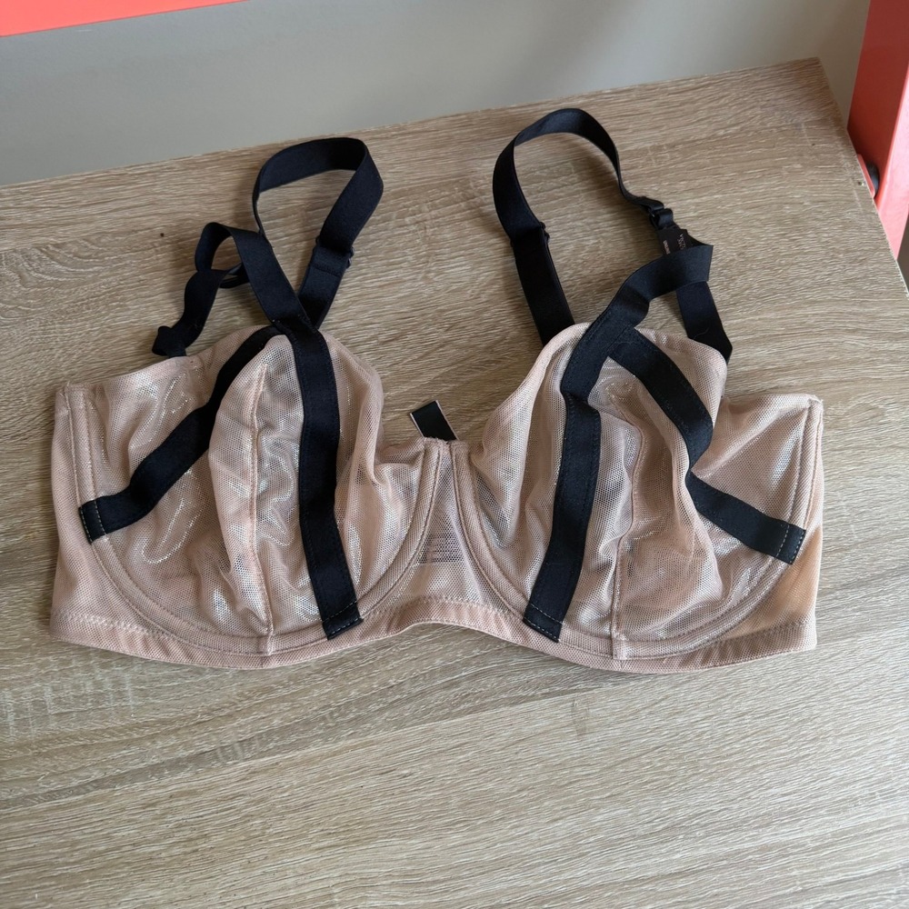 Victorias Secret Very Sexy Unlined Balconette Bra 34DD Beige Black Mesh Strappy